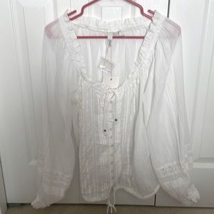 NWT white pleasant blouse with button front and ties